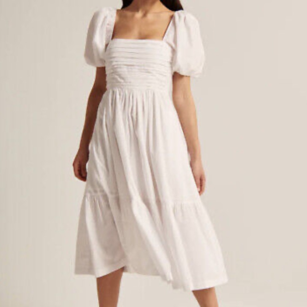 Ruched Puff Sleeve Poplin Midi Dress